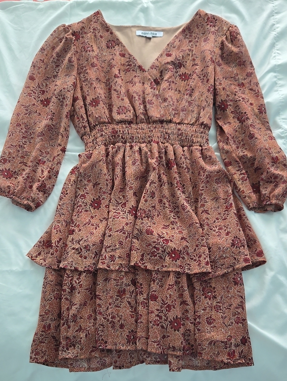 Mimi Chica Rust Floral V-Neck Tiered Dress